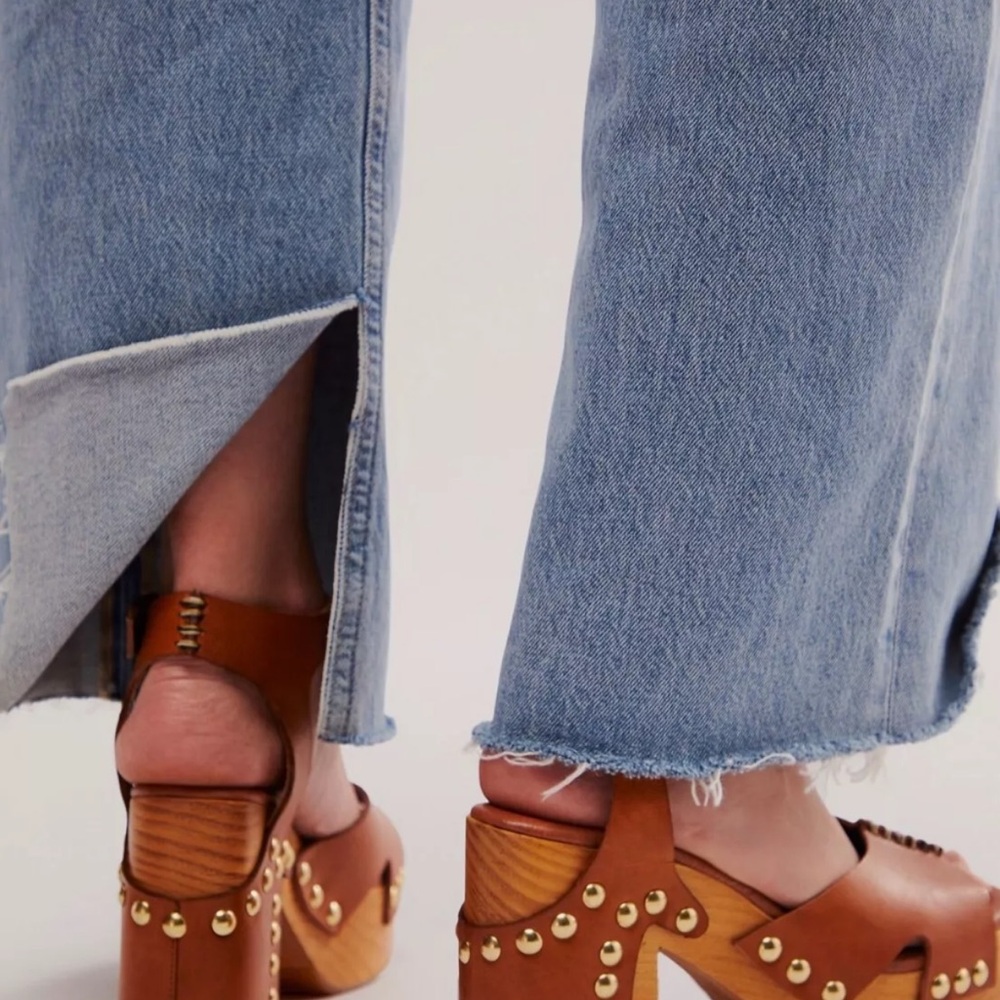 Free People Cecily Clogs Ankle Strap Platform Tan Leather Brass Studded - Picture 5 of 8